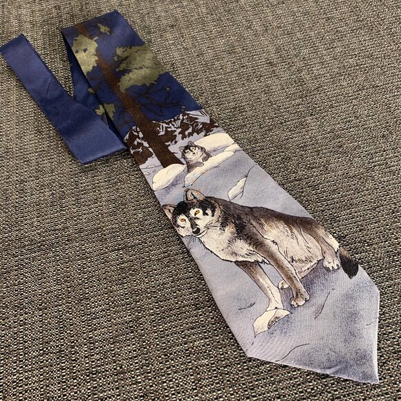World Wildlife Fund Gray Wolves Silk Tie - vintage 1991 wwf 128 wolf grey usa - Picture 1 of 5